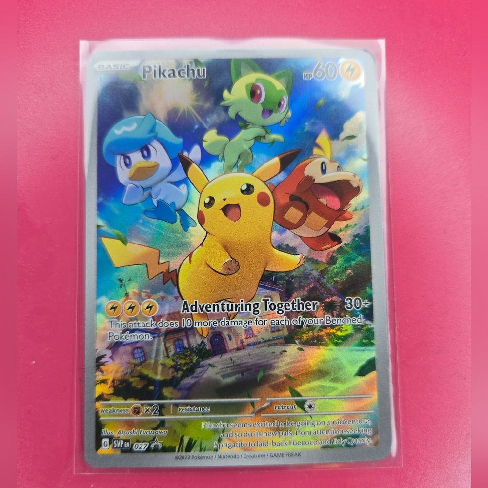 Pokemon Pikachu Adventuring Together Card with Blue and Green Accents